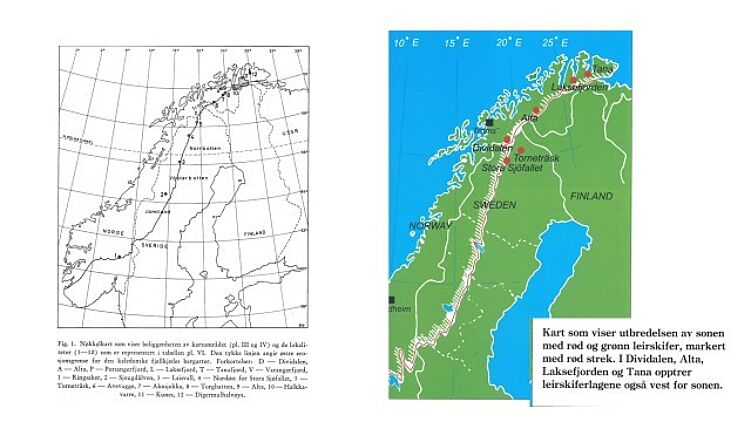 Rød-grønn skifer finnes langs en smal linje gjennom Fennoskandia som er erosjonsgrensen til den kaledonske fjellkjeden.