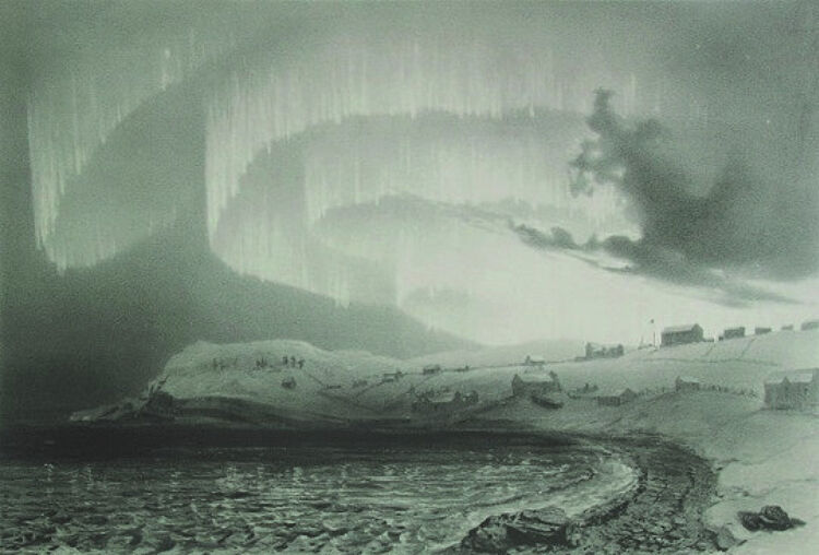 The Northern Lights above Bossekop as depicted by the Recherche expedition's artist Louis Bevalet on January 21st, 1893. Recherche expedition’s illustrations.