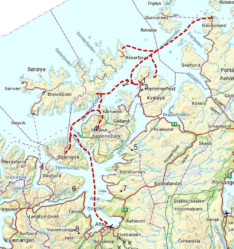 Kart med rekonstruert reiserute ved kysten i 1845.