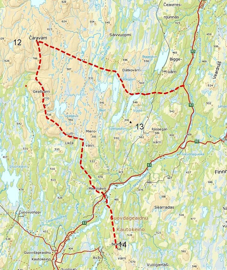 Kart med to mulige reiseruter i innlandsområdet mot Kautokeino.