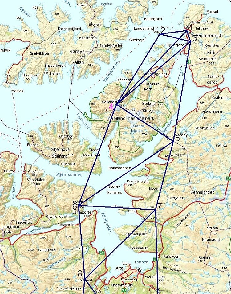 Kart med utsnitt av den nordligste delen av gradmålingsrekken.