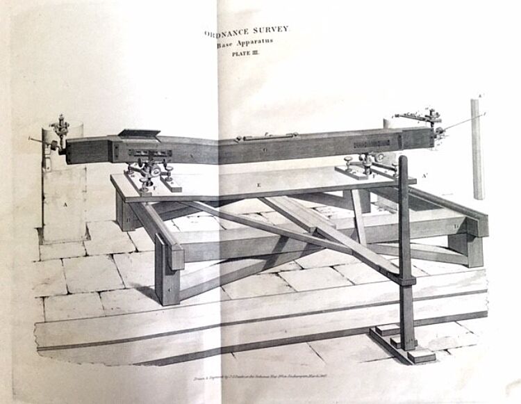 Tegning av apparat for måling av basislinje fra  verket «Principal triangulation». 1858. London.